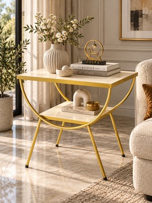 Odera Çift Çift Raflı Yan Sehpa Komodin Metal Ayaklı Retro Modern Salon ve Yatak Odası Sehpası