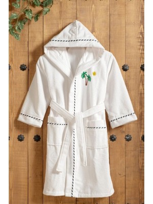 Happy Trend Triga Kapüşonlu Pamuklu Çocuk Bornozu - Palmiye Nakışlı