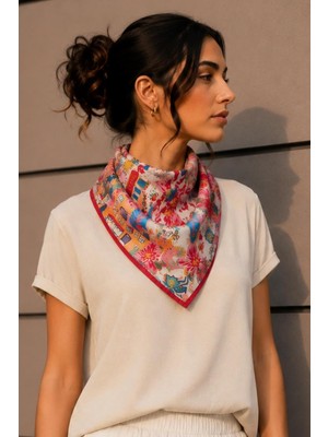 Happy Trend Desen Kırmızı-Pudra Soft Bandana Fular 50X50 cm