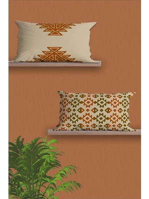 Happy Trend 2'li Modern Tasarım 3D Yastık Kılıfı Seti, Kırlent Kılıfı Seti (Turuncu Etnik)