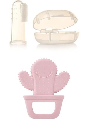 Happy Trend Diş Kaşıyıcı Kaktüs Pembe + Bebek Parmak Diş Fırçası, Saklama Kutulu