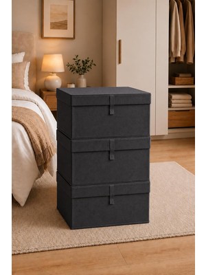 Happy Trend Amaçlı Saklama Kutusu Düzenleyici Kapaklı Sandık Tipi Kutu Hurç Organizer 3 Lü Set (Antrasit, Maxi 50X40X30)