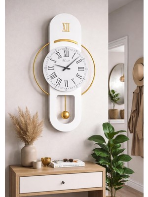 Happy Trend Sarkaç, Cam Yüzeyli, Metal Halkalı, Dekoratif Duvar Saati - Roma 70CM (Beyaz Gold)