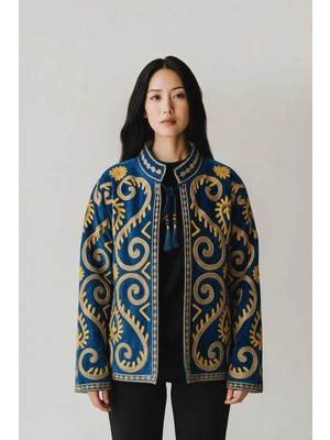 Durivya Püskül Detaylı Suzani Nakışlı Oversize Kadife Ceket