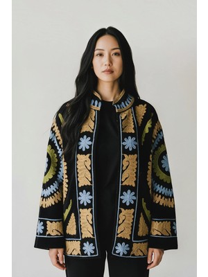 Durivya Etnik Tasarım Suzani Nakışlı Oversize Kadife Ceket
