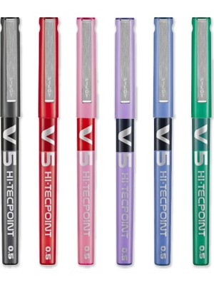 Happy Trend V5 Hi-Tecpoint Roller Kalem - Ince 0,5 mm Uç Ucu - 0,3 mm Çizgi Genişliği - 6'lı Paket - Siyah, Mavi, Kırmızı, Yeşil, Mor ve Pembe