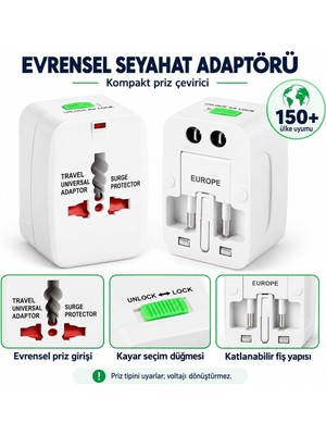 Happy Trend Seyahat Adaptörü, Priz Çevirici Dönüştürücü, 150+ Ülke Uyumlu, Tip A/b/c/g/ı, Beyaz, Kompakt Tasarım, 110V 250V Uyumlu (1ADET)