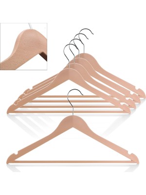 Happy Trend Ahşap Görünümlü Plastik Elbise Askısı (5 Adet) - Kaymaz Omuzlu, Şık ve Dayanıklı Giysi Askıları - Askılık, Dolap ve Gardırop Için (Naturel)