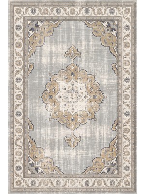 Rugzella Güvercin Grisi Antik Fildişi Vintage Eskitme Madalyon Desenli Lacivert Yıkanabilir Halı