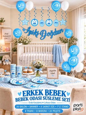 Marlon Balon Erkek Bebek Odası ve Lohusa Odası Süsleme Seti Evde Karşılama 30 Balon Banner Sofra Seti