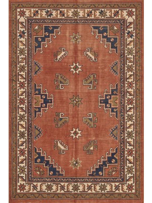 Rugzella Anteroom Bohem Etnik Motifli Kiremit Lacivert Hardal Desenli Geometrik Yıkanabilir Halı