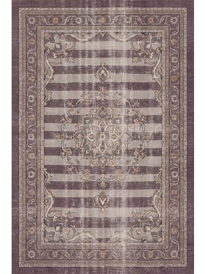 Rugzella Archway Vintage Soluk Madalyon Desenli Gri Mor Eskitme Altın Kaymaz Taban Yıkanabilir Halı