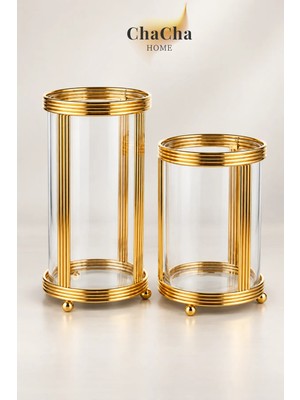 ChaCha Home 2'li Gold Metal Çerçeveli Cam Dekoratif Mumluk Şamdan Seti 21 cm ve 16 cm
