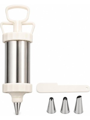 Happy Trend Çelik Krema Pompası, 3 Metal Uçlu Pasta ve Cupcake Süsleme Aparatı, Ergonomik Basmalı Krema Sıkacağı, Beyaz