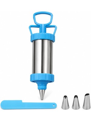 Happy Trend Çelik Krema Pompası, 3 Metal Uçlu Pasta ve Cupcake Süsleme Aparatı, Ergonomik Basmalı Krema Sıkacağı, Mavi