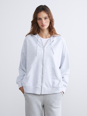 LC Waikiki Lcw Vision Gri Kapüşonlu Oversize Kadın Fermuarlı Sweatshirt