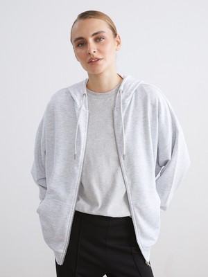 LC Waikiki Lcw Modest Gri Kapüşonlu Oversize Kadın Fermuarlı Sweatshirt