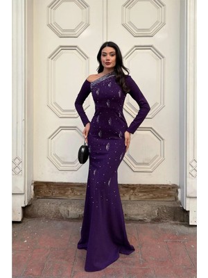 Burada Bulabilirsin Kadın Vintage Krep Kumaş Tek Omuz Abiye Elbise