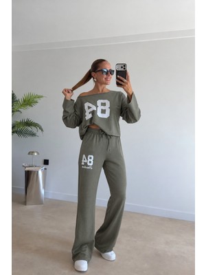 Trend Metkar Kadın Tek Omuzdan Açık Uzun Kollu Baskılı Modal Bluz ve Pantolon Ikili Takım
