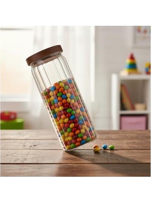 Mabelme Store Prime Akasya Kapaklı Uzun Çizgili Cam Kavanoz (1250 Ml) | Hava Geçirmez, Modern Fitilli Tasarım Gıda Saklama Kabı | Makarna, Bakliyat, Kahve ve Çay Ka