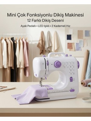 Royaleks 12 Farklı Dikiş Desenli Mini Dikiş Makinesi Ayak Pedallı LED Işıklı Ev Tipi Kullanım