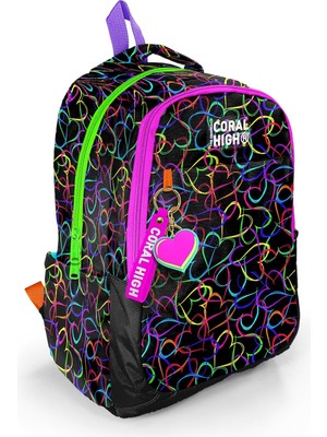 Kawin Coral High Kids Çok Renkli Kalp Desenli Üç Bölmeli Okul Sırt Çantası 23670