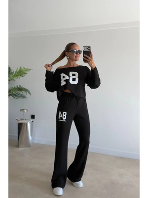 Trend Cojans Kadın Tek Omuzdan Açık Uzun Kollu Baskılı Modal Bluz ve Pantolon Ikili Takım