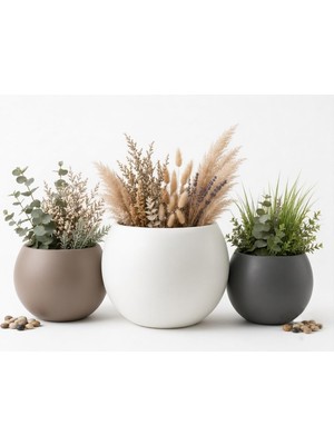 Str Store Zevli Japandi Tarzı Modern Küre Saksı 3'lü Set - Su Sızdırmaz Dekoratif Salon ve Balkon Saksısı Hediyelik Çiçeklik Seti (Mermer Beyazı, Antrasit ve Mocha, Bir Büyük Iki Orta)