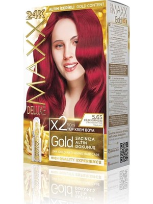 Mabelme Store Prime Maxx Deluxe Serisi 24K Altın Parçacıklı Serum ile 1 Kutu 2 x 50 ml ve Geliştiriciler Saç Boyası (Çilek Kırmızısı 5.65)