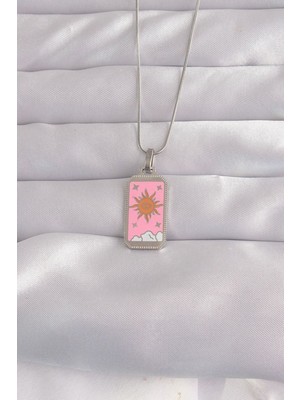 Epilons 316L Çelik Gümüş Renk Pembe Mineli Güneş Model Tarot Kolye TJ-BKO9043