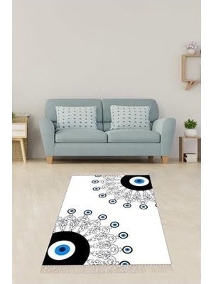 Mabelme Store Pelangi Nazar Boncuğu Göz Desenli Yıkanabilir Kaymaz Taban Halı, Mavi-Beyaz 80 x 400