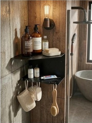 Mabelme Store Metal Duşakabin Rafı Yapışkanlı Banyo Rafı Delmeden Montaj Köşe Rafı Duş Rafı Şampuanlık Sabunluk Lif Askılı Paslanmaz Suya Dayanıklı Banyo Organizer