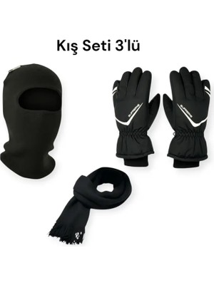 Mustran 3'lü Termal Kışlık Set | Balaklava Kar Maskesi + Atkı + Xl Içi Kürklü Kalın Kışlık Soğuk Geçirmez Eldiven Seti