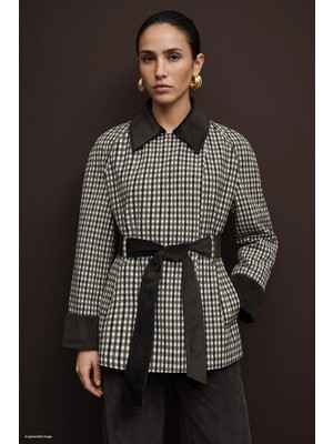 Sateen Kadife Detaylı Ekose Ceket - Kahve