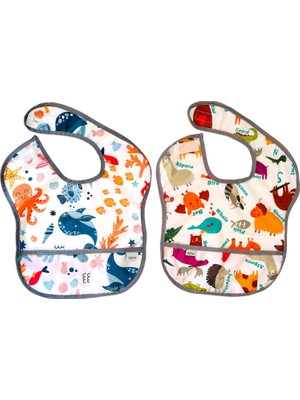 Str Store 2 Adet Ekonomik Set 6-24 Ay Zoo ve Seaworld Desen Sıvı Geçirmeyen Cepli Cırtlı Mama Önlüğü