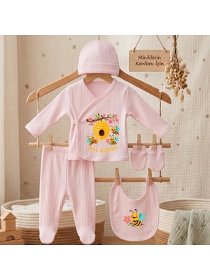 Str Store %100 Pamuk Yenidoğan Bebek Hastane Çıkış Seti Bal Küpüm Baskılı Pembe 5 'li Bebek Takımı