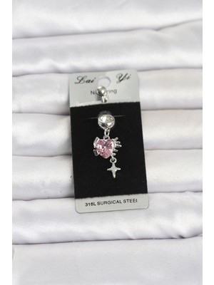Epilons 316L Cerrahi Çelik Pembe Zirkon Taşlı Model Göbek Piercing TJ-PR1408