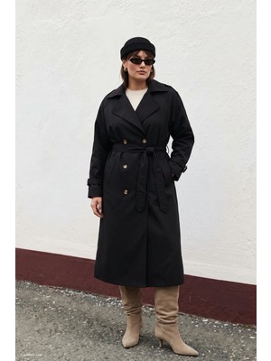 Sateen Toka Detaylı Trenç - Siyah