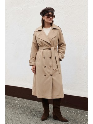 Sateen Toka Detaylı Trenç - Bej