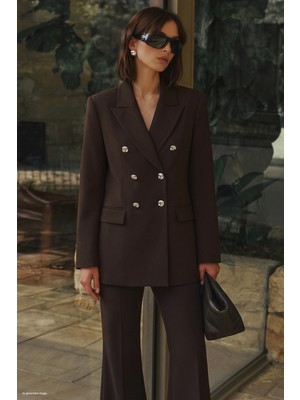 Sateen Düğmeli Klasik Ceket - Kahve