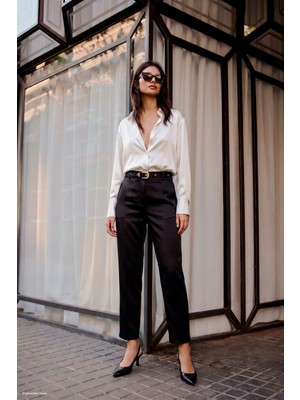 Sateen Kemer Detaylı Saten Klasik Pantolon - Siyah