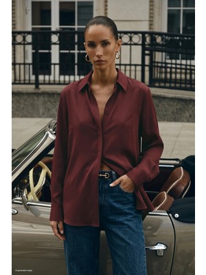 Sateen Desenli Klasik Gömlek - Bordo