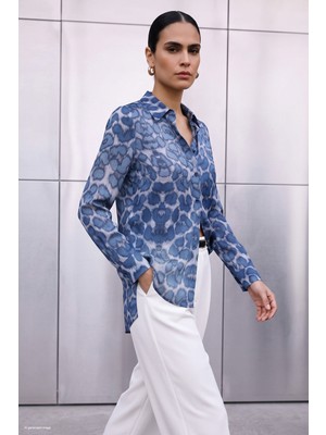 Sateen Leopar Desenli Klasik Gömlek - Lacivert