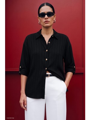 Sateen Çizgili Kolu Katlama Detaylı Gömlek - Siyah