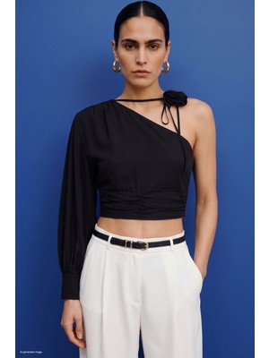 Sateen Çiçek Detaylı Bluz - Siyah