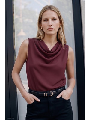 Sateen Desenli Degaje Yaka Bluz - Bordo