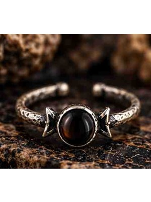 Xuping Siyah Taşlı Yıldız Detaylı Paslanmaz Çelik Ayarlanabilir Yüzük – Vintage Eskitme Gümüş Renk Retro Unisex Yüzük