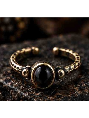 Xuping Siyah Taşlı Paslanmaz Çelik Ayarlanabilir Yüzük – Vintage Eskitme Gold Renk Oval Taşlı Unisex Retro Tasarım