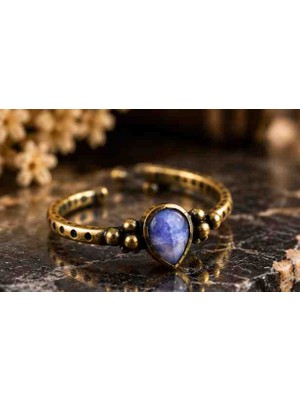 Xuping Mavi Damla Taşlı Paslanmaz Çelik Ayarlanabilir Yüzük – Vintage Eskitme Gold Renk Boncuk Detaylı Otantik Kadın Yüzük
