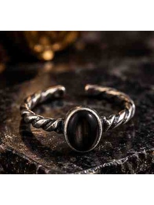 Xuping Siyah Kahverengi Oval Taşlı Paslanmaz Çelik Ayarlanabilir Yüzük – Vintage Eskitme Gümüş Renk Burgu Desenli Unisex Yüzük